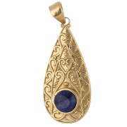 Colgante étnico en forma de gota, 39 x 18 mm, con piedra preciosa de 8 mm - Zafiro - Dorado en oro fino