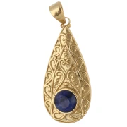 Colgante étnico en forma de gota, 39 x 18 mm, con piedra preciosa de 8 mm - Zafiro - Dorado en oro fino