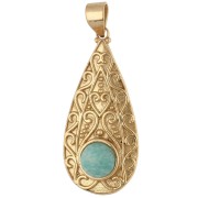 Colgante étnico en forma de gota, 39 x 18 mm, con piedra preciosa de 8 mm — Amazonita — Dorado en oro fino