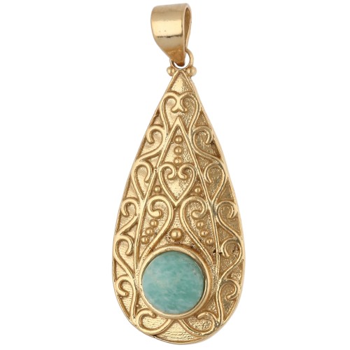 Colgante étnico en forma de gota, 39 x 18 mm, con piedra preciosa de 8 mm — Amazonita — Dorado en oro fino