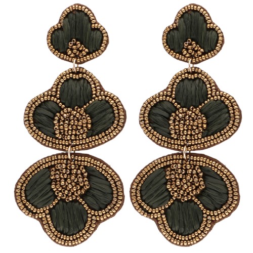 Pendientes colgantes de 99 x 45 mm de rafia y cuentas bordadas - Bronce - Gris x2