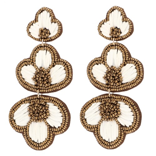 Pendientes colgantes de 99 x 45 mm con rafia y cuentas bordadas - Bronce - Crudo x2
