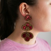 Pendientes colgantes de 99 x 45 mm con rafia y cuentas bordadas - Bronce - Crudo x2