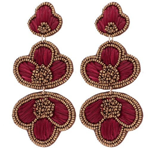 Pendientes colgantes de 99 x 45 mm de rafia y cuentas bordadas, color bronce - burdeos, 2 unidades
