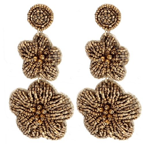 Pendientes colgantes con forma de flores de 91 x 43 mm, de cuentas bordadas - Bronce (2 unidades)