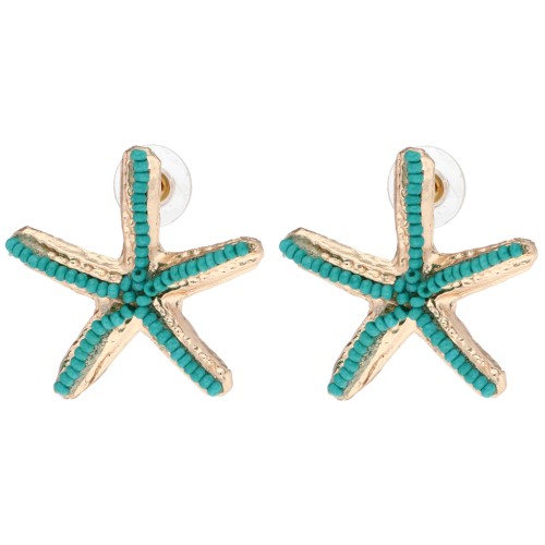 Pendientes de estrella de mar de 35 x 37 mm con cuentas - Dorado - Turquesa x2