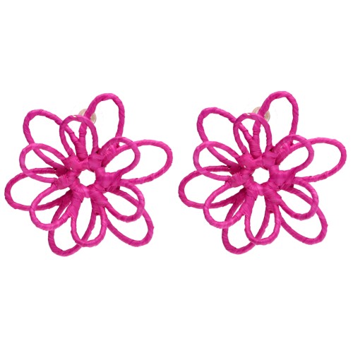 Pendientes de flor de hilo - volumen 3D - 52 mm de rafia - Fucsia x2