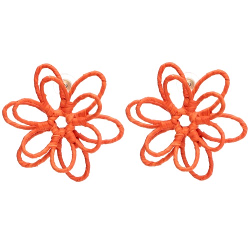 Pendientes de flor de hilo - volumen 3D - 52 mm de rafia - Naranja x2