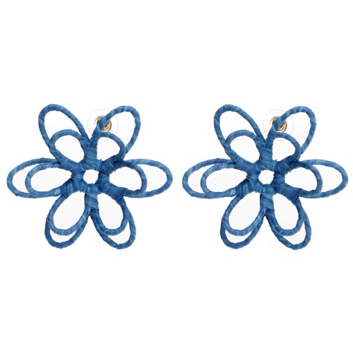 Pendientes de flor de hilo — con volumen 3D — 52 mm de rafia — Azul x2