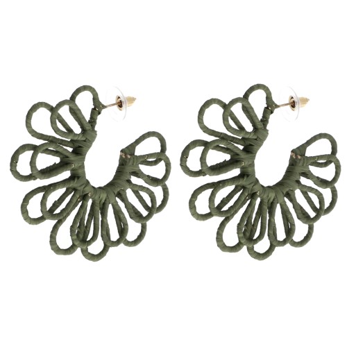 Pendientes de aro con forma de flor de hilo — con volumen 3D — de 57 mm de rafia — color caqui x2