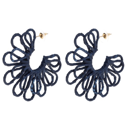 Pendientes de aro con forma de flor de hilo — con volumen 3D — 57 mm de rafia — Azul noche x2