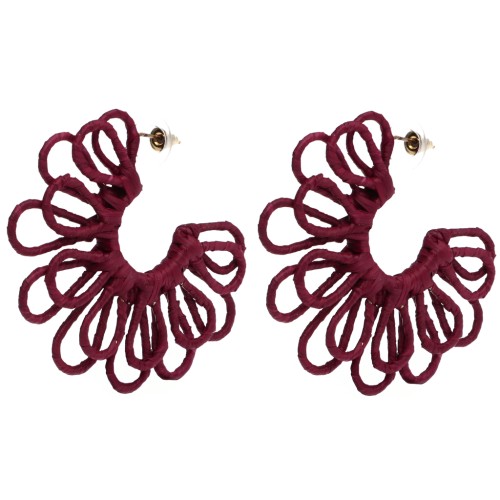 Pendientes de aro con forma de flor de hilo —volumen 3D— de 57 mm de rafia —Burdeos x2—