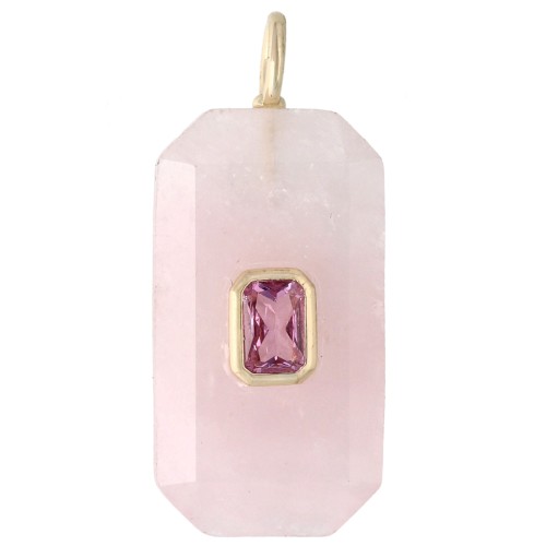 Colgante rectangular de 34 x 15 mm con piedra preciosa y circonitas - Cuarzo rosa - Rosa o violeta
