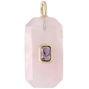 Colgante rectangular de 34 x 15 mm con piedra preciosa y circonitas - Cuarzo rosa - Rosa o violeta