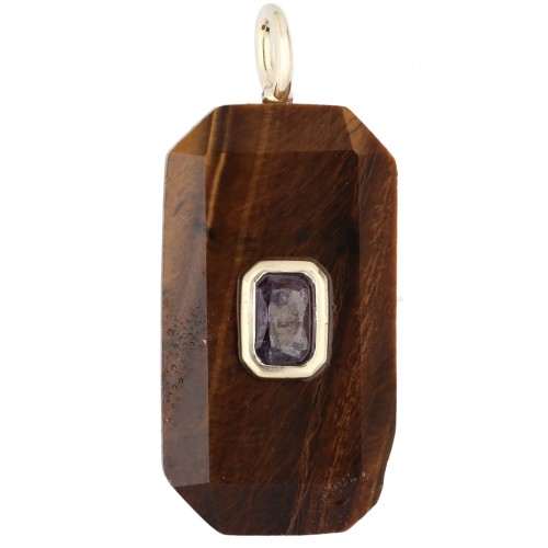 Colgante rectangular de 34 x 15 mm con piedra preciosa y circonitas - Ojo de tigre - Rosa o violeta