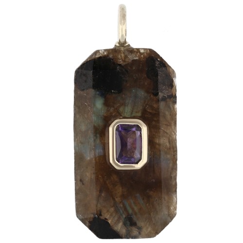 Colgante rectangular de 34 x 15 mm con piedra preciosa y circonitas - Labradorita - Rosa o violeta