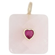 Cuarzo rosa - Colgante cuadrado facetado de 33 x 25 mm de piedra preciosa y corazón de circonita - Cuarzo rosa x1 Colgante cuadrado facetado de 33 x 25 mm de piedra preciosa y corazón de circonita - Cuarzo rosa x1