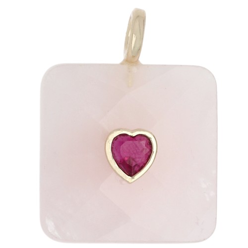 Colgante cuadrado facetado de 33 x 25 mm de piedra preciosa y corazón de circonita - Cuarzo rosa x1