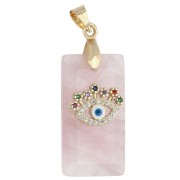 Colgante rectangular de 25 x 13 mm con piedra preciosa, ojo de CZ y resina epoxi - Cuarzo rosa