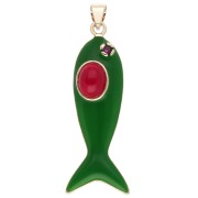 Colgante con forma de pez, 39 x 11 mm, de resina epoxi y óxido de circonio - Verde - Rojo x1