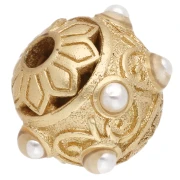 Cuenta redonda de estilo étnico de 9 mm con cabujones de nácar - Dorado con oro fino - Blanca x1