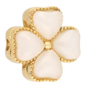 Cuenta en forma de trébol de 13 mm con varios agujeros y cabujones de imitación de nácar - Dorado - Blanca