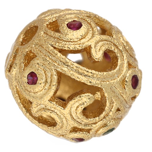 Cuenta redonda trabajada de 8 mm con óxidos de circonio - Dorado con oro fino - Fucsia