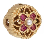 Cuenta redonda de 8 mm con motivo floral, con cabujón de nácar y resina epoxi - Dorado con oro fino