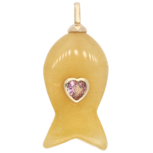 Colgante con forma de pez de 29 x 13 mm con un corazón de circonita y una piedra preciosa teñida - Jade amarillo x1