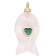 Cuarzo rosa - Colgante con forma de pez de 28 x 13 mm con un corazón de circonita y una piedra preciosa - Cuarzo rosa x1 Colgante con forma de pez de 28 x 13 mm con un corazón de circonita y una piedra preciosa - Cuarzo rosa x1