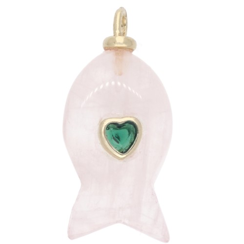 Colgante con forma de pez de 28 x 13 mm con un corazón de circonita y una piedra preciosa - Cuarzo rosa x1