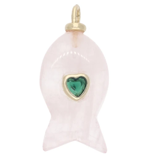 Colgante con forma de pez de 28 x 13 mm con un corazón de circonita y una piedra preciosa - Cuarzo rosa x1