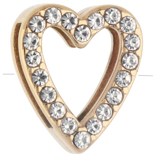 Botón deslizante con forma de corazón de 15 x 13 mm con pedrería para cordón de 10 mm - Acero inoxidable 304 Dorado