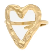 Anillo ajustable con diseño de corazón calado y martillado, 19 x 16 mm - Tallas 53 a 56 - Acero inoxidable 316 Dorado