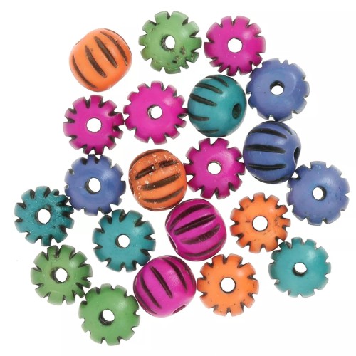 Regalo - Cuentas redondas aplanadas de 12 x 10 mm de hueso grabado - Multicolor x 39 g