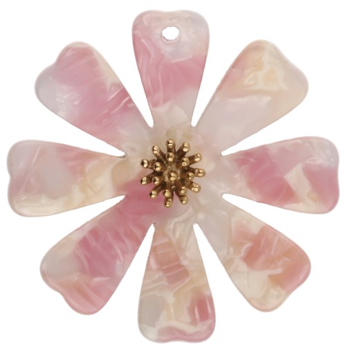 Colgantes con forma de flor de 40 mm, de acetato y acero inoxidable 304 Dorado, rosa y blanco nacarado (x2)