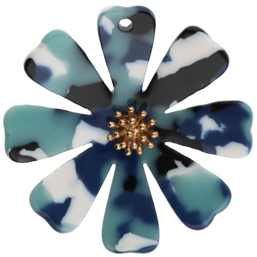 Colgantes con forma de flor de 40 mm de acetato y acero inoxidable 304 Dorado - Azul multicolor - Blanco x2
