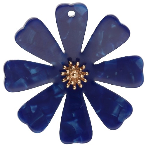Colgantes de flor de 40 mm de acetato y acero inoxidable 304 Dorado - Azul oscuro nacarado x2