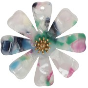 Colgantes con forma de flor de 40 mm, de acetato y acero inoxidable 304 Dorado, blanco, rosa y verde (x2)
