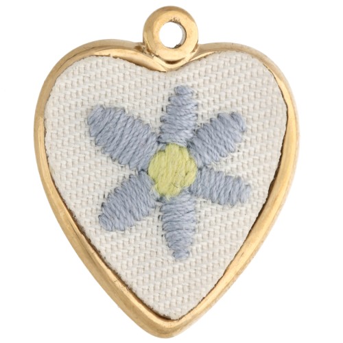 Colgante de corazón bordado, 27 x 22 mm - motivo floral - Acero inoxidable 304 Dorado x 1