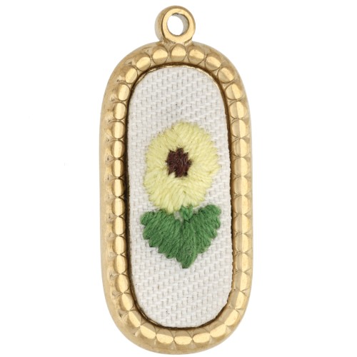 Colgante ovalado bordado, 32 x 14 mm —diseño floral—. Acero inoxidable 304 Dorado x 1