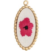 Colgante ovalado bordado, 32 x 16,5 mm - motivo floral - Acero inoxidable 304 Dorado x1