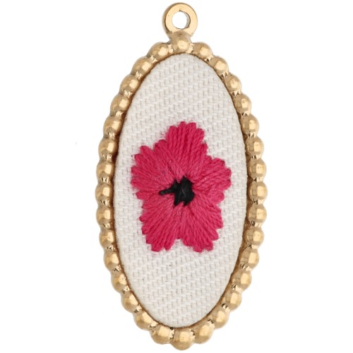 Colgante ovalado bordado, 32 x 16,5 mm - motivo floral - Acero inoxidable 304 Dorado x1