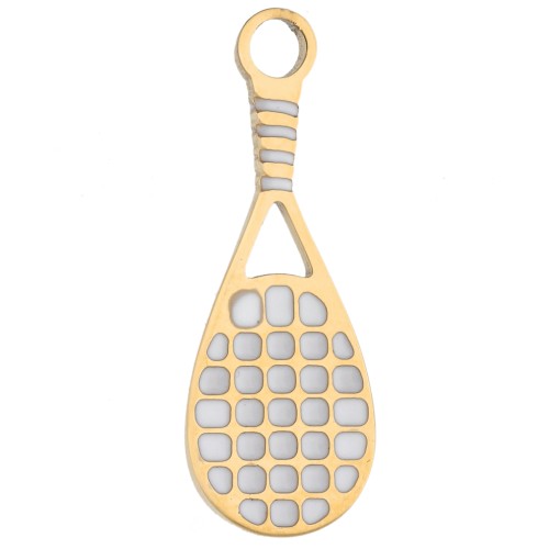 Dije con forma de raqueta de tenis, 18 x 7 mm, de resina epoxi - Acero inoxidable 316 Dorado - Blanco x1
