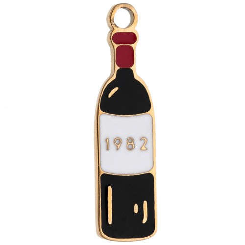 Dije con forma de botella de vino, 18 x 5 mm, resina epoxi - Acero inoxidable 316 Dorado - Negro