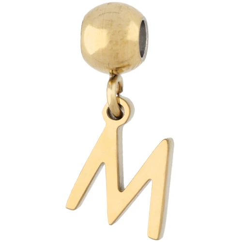 Cuenta pasante de 5 mm con dije con la letra M - Acero inoxidable 304 Dorado x1