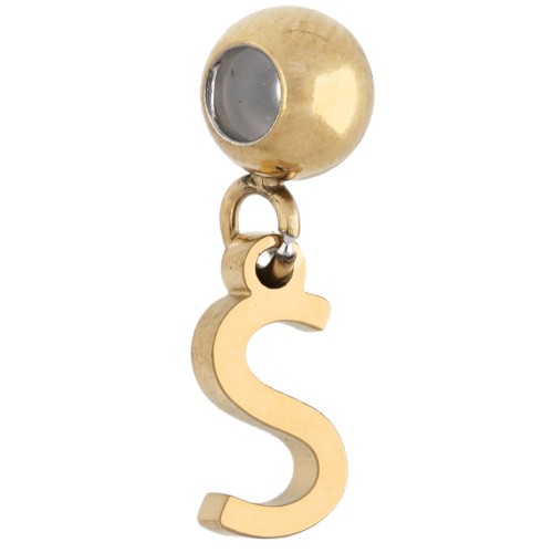 Cuenta pasante de 5 mm con dije con la letra S - Acero inoxidable 304 dorado x1