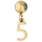 Cuenta pasante de 5 mm con dije con el número 5 - Acero inoxidable 304 Dorado x1