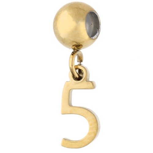 Cuenta pasante de 5 mm con dije con el número 5 - Acero inoxidable 304 Dorado x1