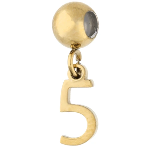 Cuenta pasante de 5 mm con dije con el número 5 - Acero inoxidable 304 Dorado x1